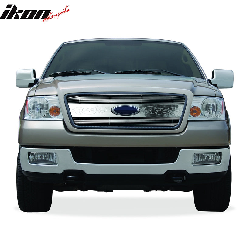 IKON MOTORSPORTS, Front Grille Compatible With 2004-2008 Ford F-150, Front Bumper Upper Hood Grille Insert Assembly Replacement Aluminum Polished Silver Blade HoneyComb Style