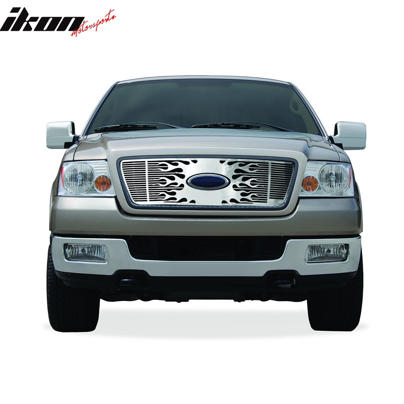 IKON MOTORSPORTS, Front Grille Compatible With 2004-2008 Ford F-150, Front Bumper Upper Hood Grille Insert Assembly Replacement Aluminum Polished Silver Bladelady HoneyComb Style