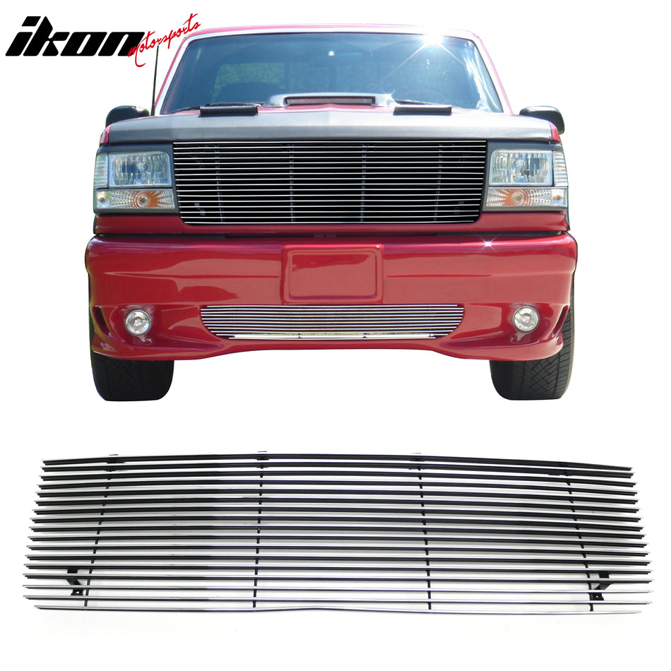 Front Bumper Upper Hood Horizontal Billet Grille Insert Assembly Replacement 1992-1996 Ford F-150/Bronco & 1992-1997 F-250 Chrome Aluminum