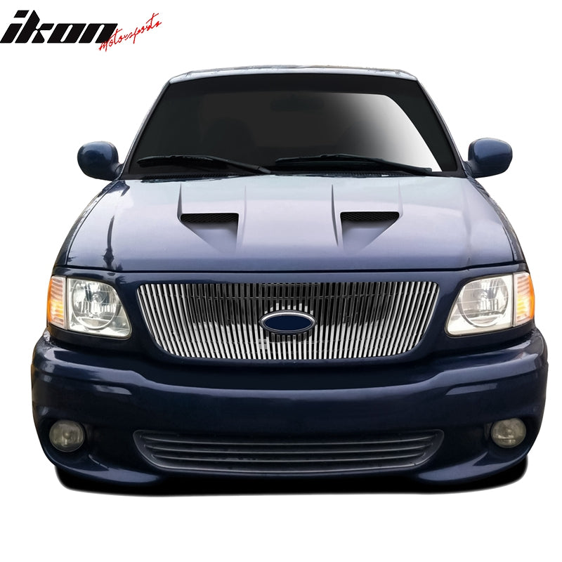 IKON MOTORSPORTS, Front Grille Compatible With 1997-1998 Ford F150, Front Bumper Upper Hood Grille Insert Assembly Replacement Aluminum Polished Silver Vertical Overlay Style