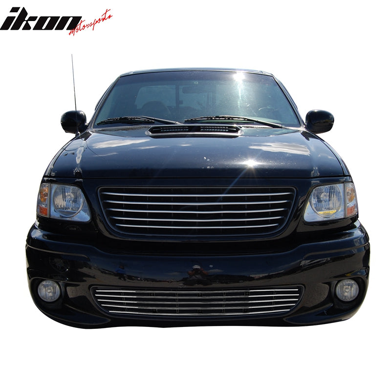 IKON MOTORSPORTS, Front Grille Compatible With 1999-2003 Ford F-150, Front Bumper Lower Hood Grille Insert Assembly Replacement Aluminum Polished Silver Horizontal Style