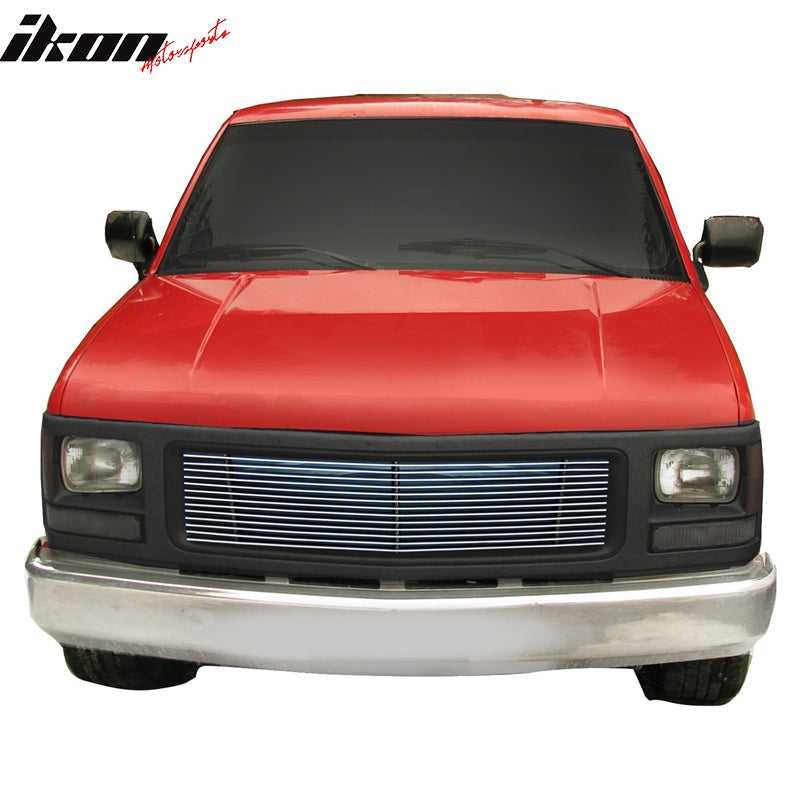 IKON MOTORSPORTS, Front Grille Compatible With 1988-1993 GMC C1500/C2500/C3500/K1500/K2500/K3500, Front Bumper Upper Hood Grille Insert Assembly Replacement Aluminum Polished Silver
