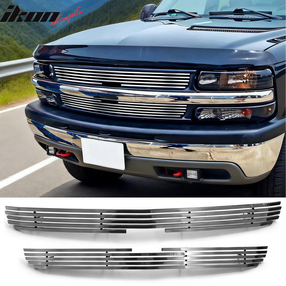 1999-2002 Chevrolet Silverado & 2000-2006 Suburban/Tahoe 2PCS Front Upper Grille Chrome Aluminum Stainless Steel Billet Style