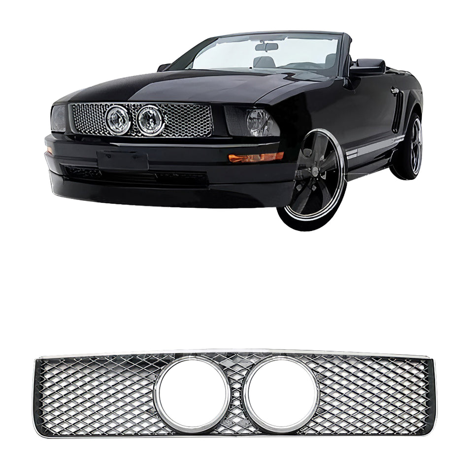 IKON MOTORSPORTS Front Upper Grille, Compatible with 2005-2009 Ford Mustang GT, Chrome & Silver ABS Plastic Replacement Front Bumper Hood Grill Assembly 1PC