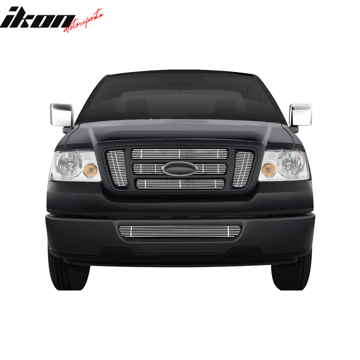 IKON MOTORSPORTS Front Upper Grille Inserts, Compatible with 2004-2008 Ford F-150 (For FX4/STX-Bar Grille), Chrome Stainless Steel Replacement Front Bumper Hood Grill, 6PCS