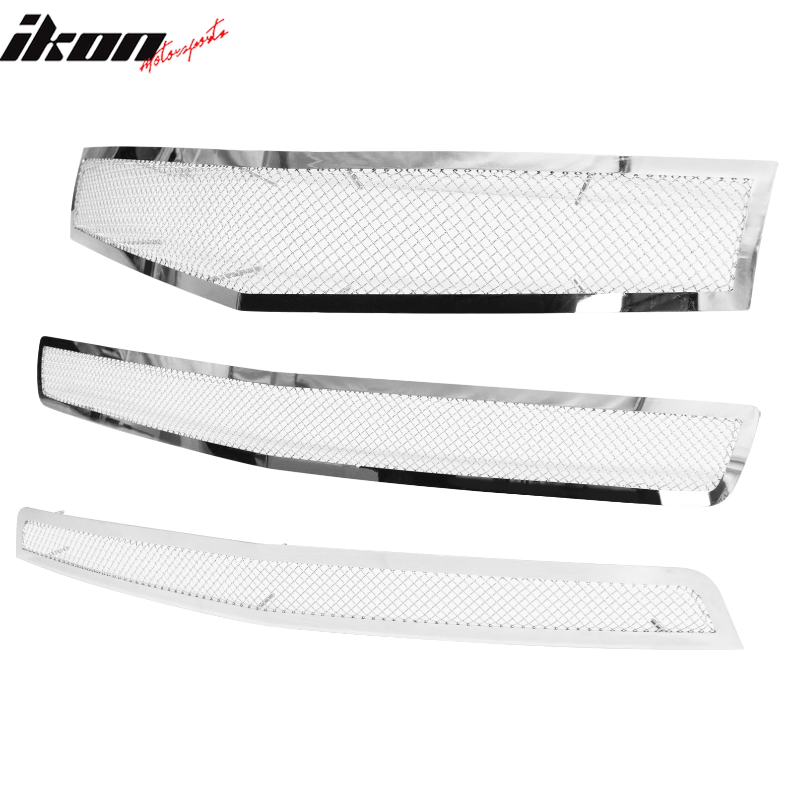 IKON MOTORSPORTS Front Lower + Upper Grille Insert, Compatible with 2010-2013 Chevy Camaro, Perimeter Woven Mesh Style Chrome Stainless Steel Replacement Front Bumper Grill, 3PCS