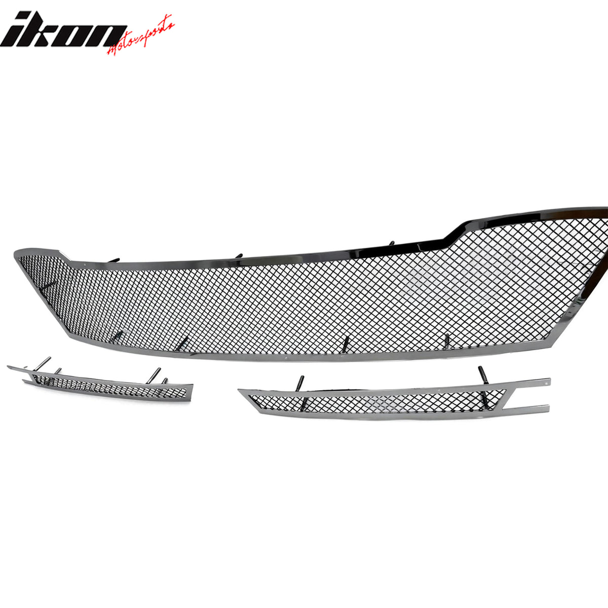 IKON MOTORSPORTS Front Upper + Lower Grille Insert, Compatible with 2016-2017 Chevrolet Camaro, Mesh Style Stainless Steel Chrome Replacement Front Bumper Hood Mesh Grill Grille Assembly, 3PCS