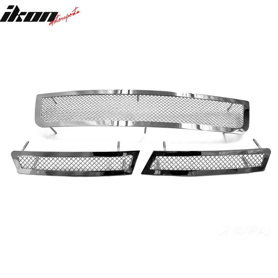 IKON MOTORSPORTS Front Bumper Insert Grille, Compatible with 2006-2013 Chevy Impala, Mesh Style Chrome Stainless Steel Replacement Front Bumper Hood Grille Grill Assembly 3PCS