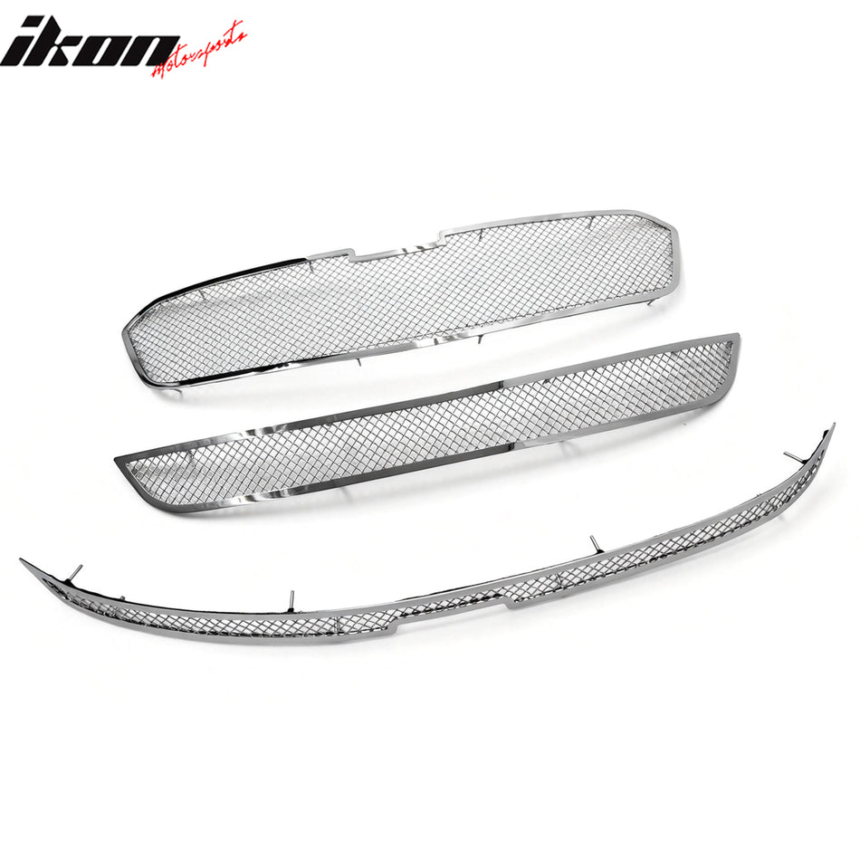 IKON MOTORSPORTS Front Upper + Lower Insert Grilles, Compatible with 2014-2016 Chevrolet Malibu, Mesh Style Chrome Stainless Steel Replacement Front Bumper Hood Grill 3PCS