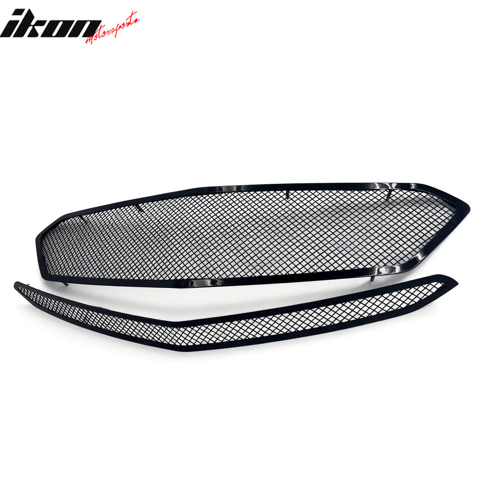 IKON MOTORSPORTS Front Upper + Center Grille, Compatible with 2016-2018 Chevrolet Malibu, Black Mesh Style Stainless Steel Replacement Front Bumper Hood Mesh Grill, 2PCS