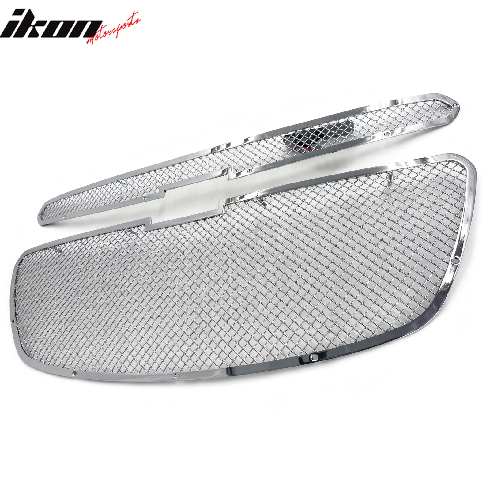 IKON MOTORSPORTS Front Upper + Center Grille, Compatible with 2013-2015 Chevrolet Spark, Chrome Mesh Style Stainless Steel Perimeter Woven Replacement Front Bumper Hood Mesh Grill, 2PCS