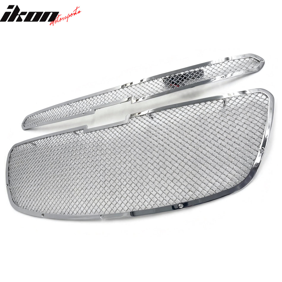 IKON MOTORSPORTS Front Upper + Center Grille, Compatible with 2013-2015 Chevrolet Spark, Chrome Mesh Style Stainless Steel Perimeter Woven Replacement Front Bumper Hood Mesh Grill, 2PCS