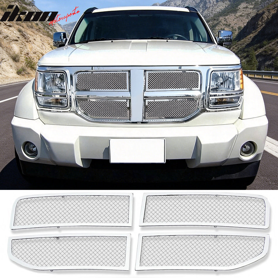 2007-2012 Dodge Nitro Chrome 4PC Front Bumper Upper Mesh Grille Insert