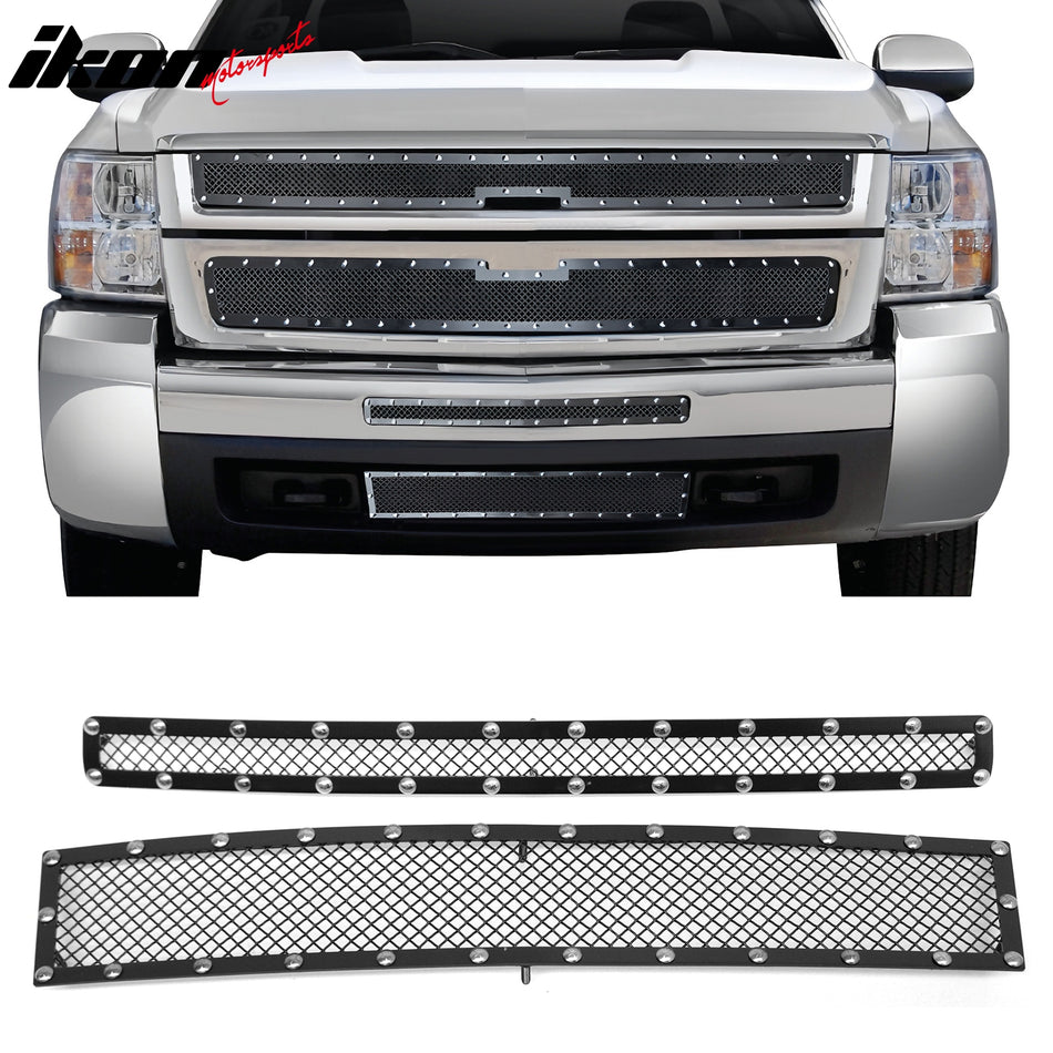 2007-2010 Chevy Silverado 2500 3500 HD Black Mesh Style W/ Chrome Rivets Front Grille