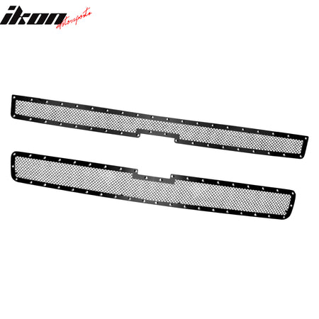 IKON MOTORSPORTS Front Upper Grille, Compatible with 2007-2010 Chevy Silverado 2500 HD/3500 HD, Black Mesh Style with Chrome Rivets Chrome Stainless Steel Replacement Front Bumper Hood Grill 2PCS