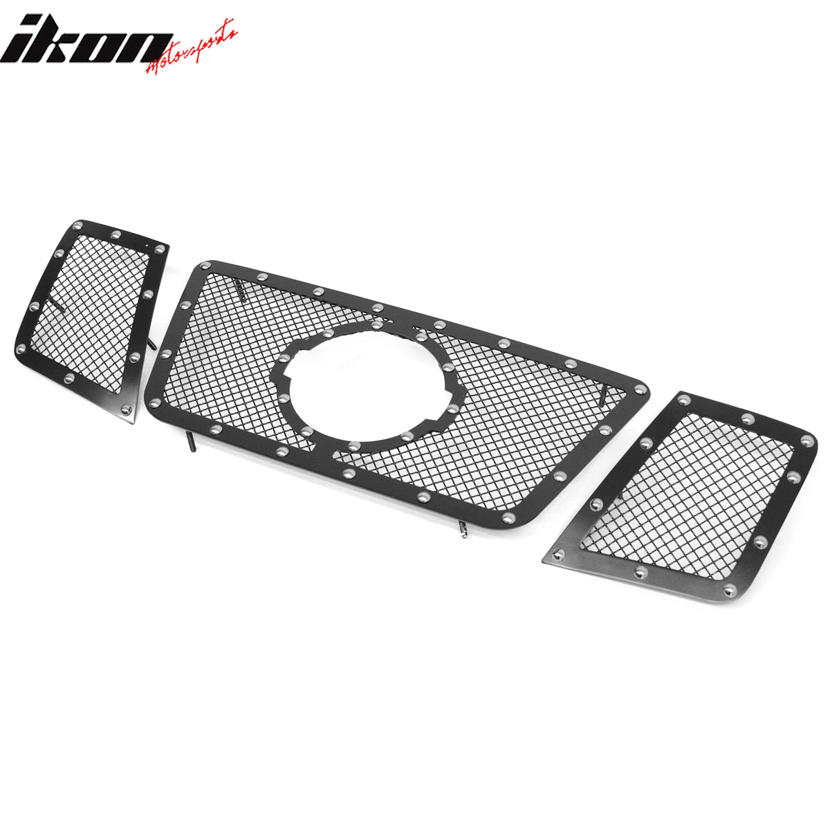 IKON MOTORSPORTS Front Upper Grille, Compatible with 2008-2015 Nissan Armada, Black Stainless Steel Mesh Style with Chrome Rivets (Deluxe Version) Replacement Front Bumper Hood Grill, 3PCS