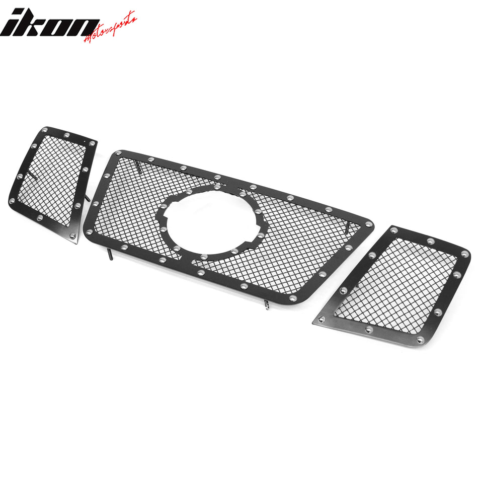 IKON MOTORSPORTS Front Upper Grille, Compatible with 2008-2015 Nissan Armada, Black Stainless Steel Mesh Style with Chrome Rivets (Deluxe Version) Replacement Front Bumper Hood Grill, 3PCS
