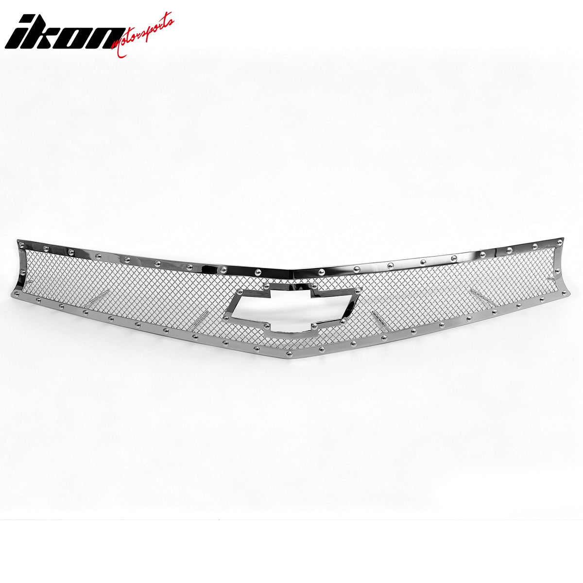 IKON MOTORSPORTS Front Upper Grille, Compatible with 2010-2013 Chevy Camaro, Mesh Deluxe Version Style with Chrome Rivets Chrome Stainless Steel Replacement Front Bumper Hood Grill 3PCS