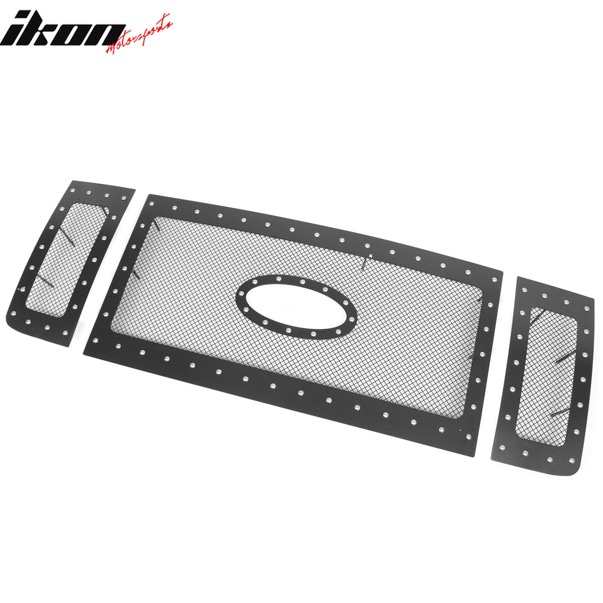 IKON MOTORSPORTS Front Upper Grille, Compatible with 2008-2010 Ford F-250 F-350 Super Duty, Black Stainless Steel Mesh Style with Chrome Rivets Replacement Front Bumper Hood Grill, 3PCS