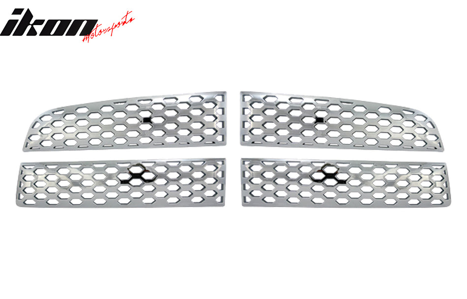 IKON MOTORSPORTS, Front Bumepr Grille Compatible With 2009-2012 Dodge Ram 1500 2500 3500 ST SLT TRX Laramie, ABS Plastic Chrome Front Bumper Upper Hood Grille Insert Assembly Replacement  Set of 4PCS