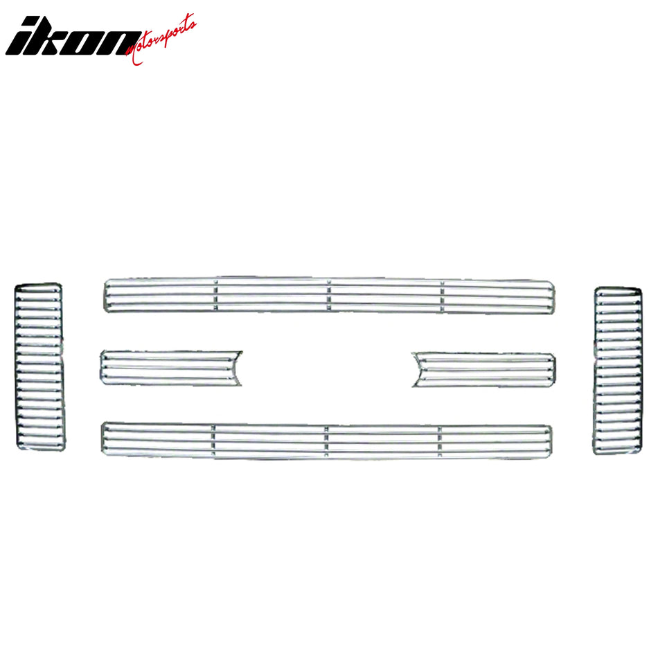 IKON MOTORSPORTS, Front Bumepr Grille Compatible With 2008-2010 Ford F-250/F-250 Super Duty XLT Lariat, ABS Plastic Chrome Front Bumper Upper Hood Grille Insert Assembly Replacement Set of 6PCS