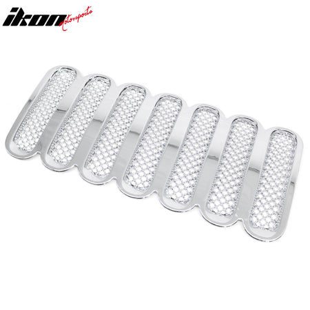 IKON MOTORSPORTS Front Bumper Grille, Compatible with 2007-2017 Jeep Wrangler & 2018 Wrangler JK, Chrome ABS Mesh Style Replacement Front Bumper Grill Assembly, 1Piece