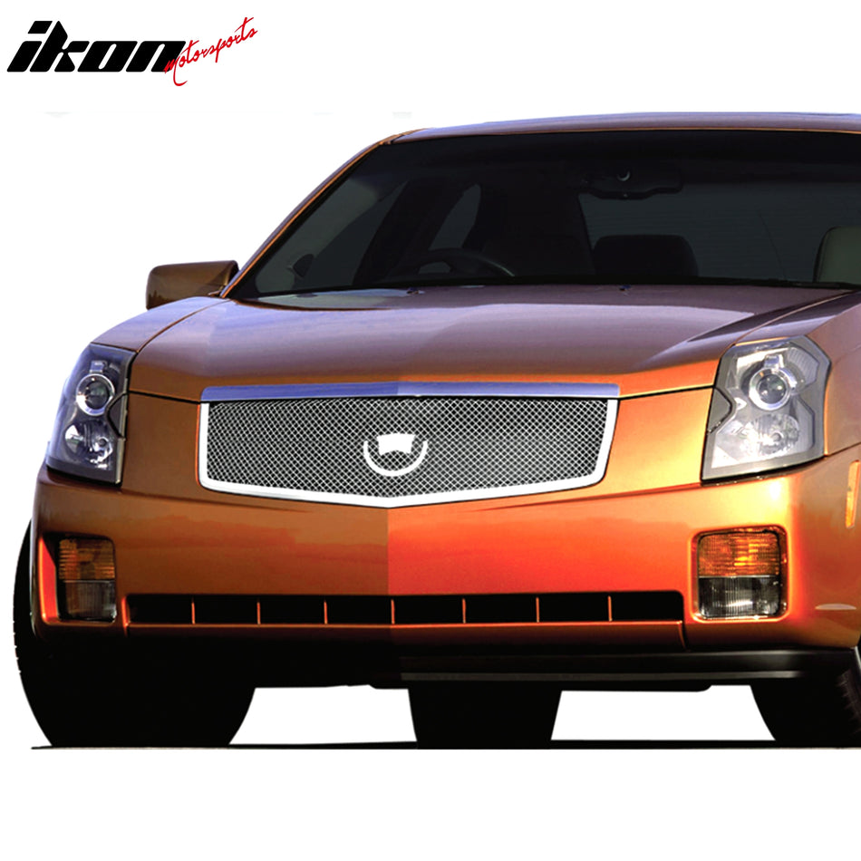 IKON MOTORSPORTS Front Bumper Grille, Compatible with 2003-2007 Cadillac CTS, Mesh Style Chrome ABS & Aluminium Replacement Front Bumper Grill Assembly, 1PCS