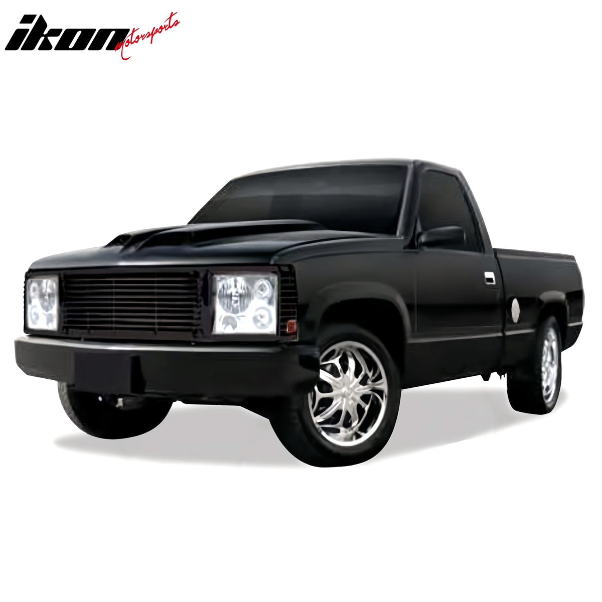 IKON MOTORSPORTS Front Upper Grille, Compatible 1994-1998 Chevrolet/GMC C1500/C2500/C3500/K1500/K2500/K3500, Chrome ABS Replacement Front Bumper Hood Grill w/ Headlights 1PCS