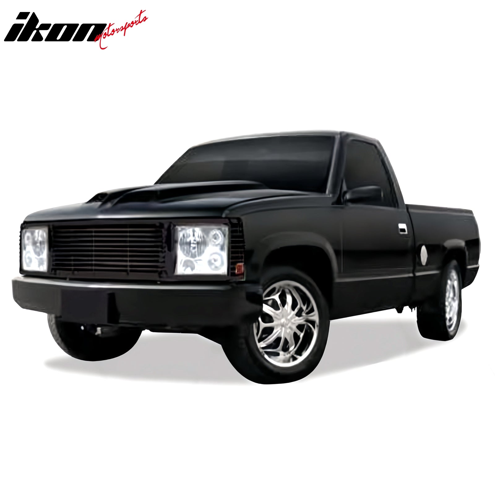 IKON MOTORSPORTS Front Upper Grille, Compatible 1994-1998 Chevrolet/GMC C1500/C2500/C3500/K1500/K2500/K3500, Chrome ABS Replacement Front Bumper Hood Grill w/ Headlights 1PCS