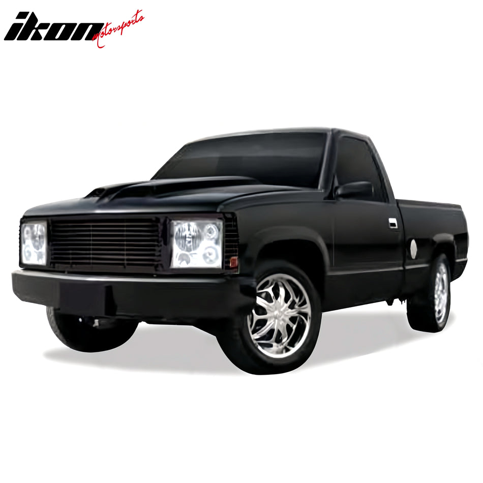 IKON MOTORSPORTS Front Upper Grille, Compatible 1994-1998 Chevrolet/GMC C1500/C2500/C3500/K1500/K2500/K3500, Chrome ABS Replacement Front Bumper Hood Grill w/ Headlights 1PCS