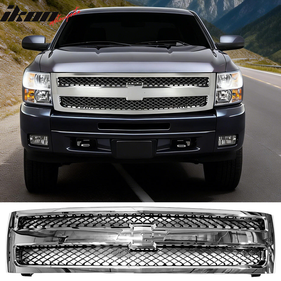 2007-2013 Chevrolet Silverado 1500 Front Bumper Hood Upper Mesh Grille Replacement Matte Black Mesh/Chrome Frame OE Style
