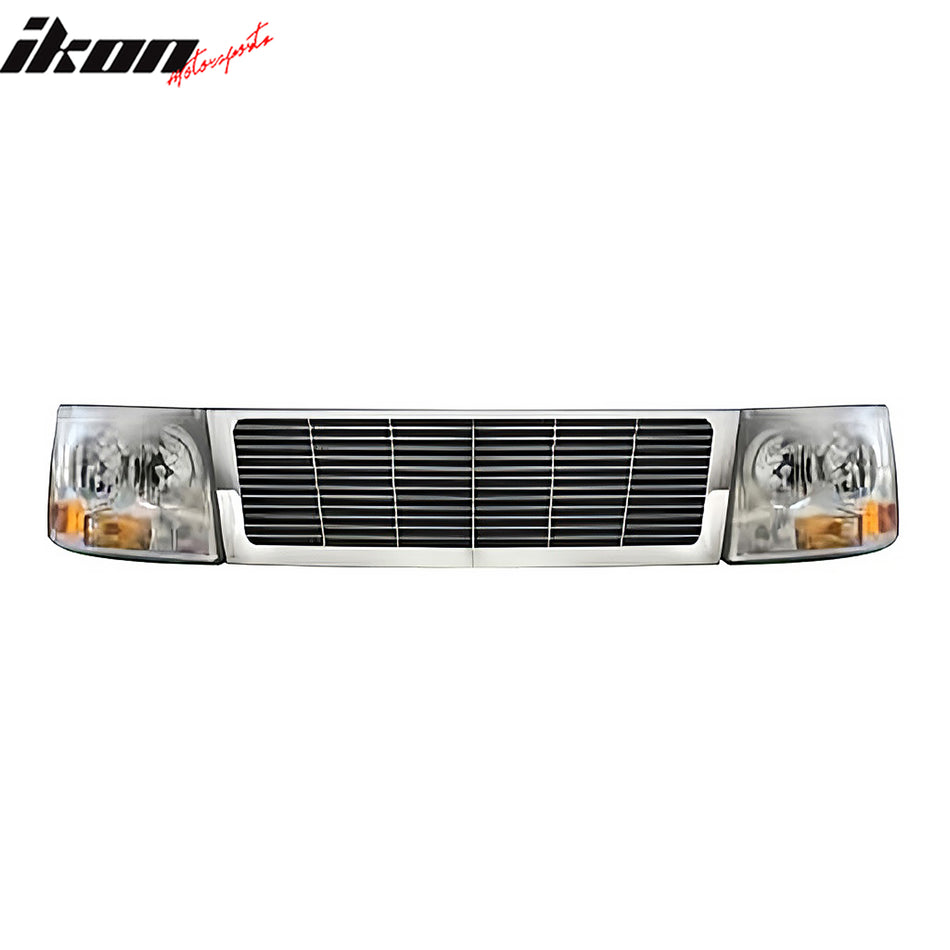 IKON MOTORSPORTS Front Upper Grille, Compatible with 1999-2002 Chevrolet Silverado 1500/1500 HD/2500/2500 HD/3500, RR Style Chrome ABS Front Bumper Hood Grill w/ Headlights 1PCS