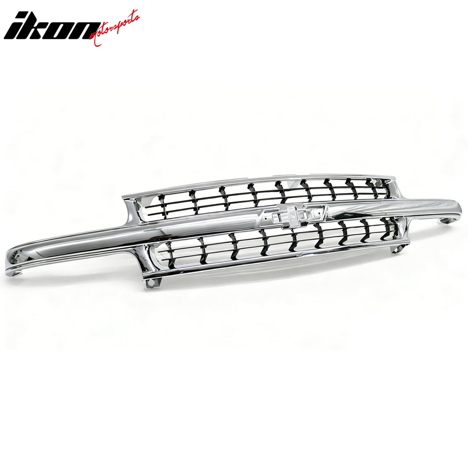IKON MOTORSPORTS Front Bumper Grille, Compatible with 1999-2002 Silverado 1500 2500 3500 HD Suburban Tahoe, OE Style Chrome Frame & Matte Black Replacement Front Bumper Hood Grill 3PCS