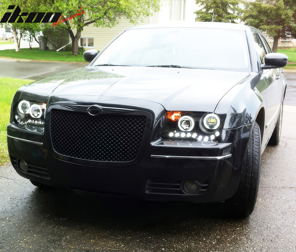 IKON MOTORSPORTS Front Upper Grille, Compatible with 2005-2010 Chrysler 300 300C Sedan 4-Door, Bentley Style Black Replacement Front Bumper Hood Grill With B Emblem 1PC