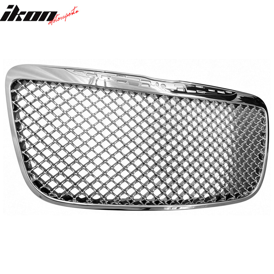 IKON MOTORSPORTS Front Bumper Grille, Compatible with 2011-2014 Chrysler 300C, Mesh Style Chrome Frame, Black Mesh ABS Replacement Front Bumper Grill Assembly, 1PCS