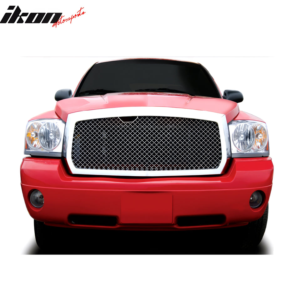 IKON MOTORSPORTS Front Bumper Grille, Compatible with 2005-2007 Dodge Dakota, Bently Mesh Style Chrome ABS Replacement Front Bumper Grill Assembly, 1PCS