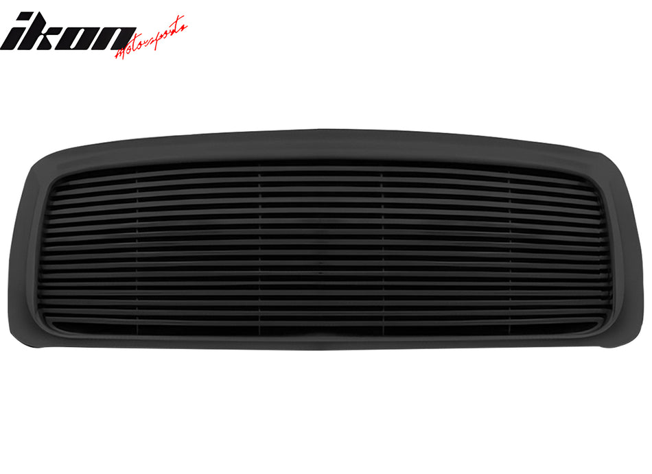 IKON MOTORSPORTS Front Upper Grille, Compatible with 2002-2005 Dodge Ram 1500/2500/3500, Horizontal Billet Style Black ABS Replacement Front Bumper Hood Grill 1PCS