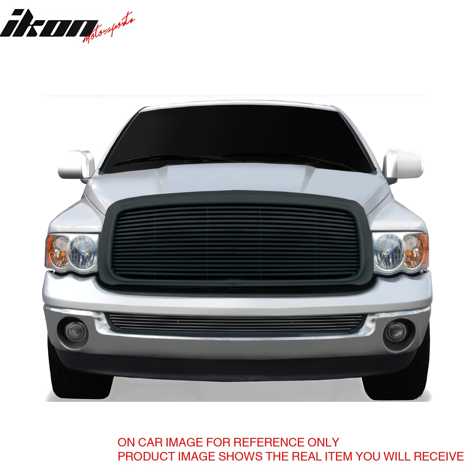 IKON MOTORSPORTS Front Upper Grille, Compatible with 2002-2005 Dodge Ram 1500/2500/3500, Horizontal Billet Style Chrome ABS Replacement Front Bumper Hood Grill 1PCS