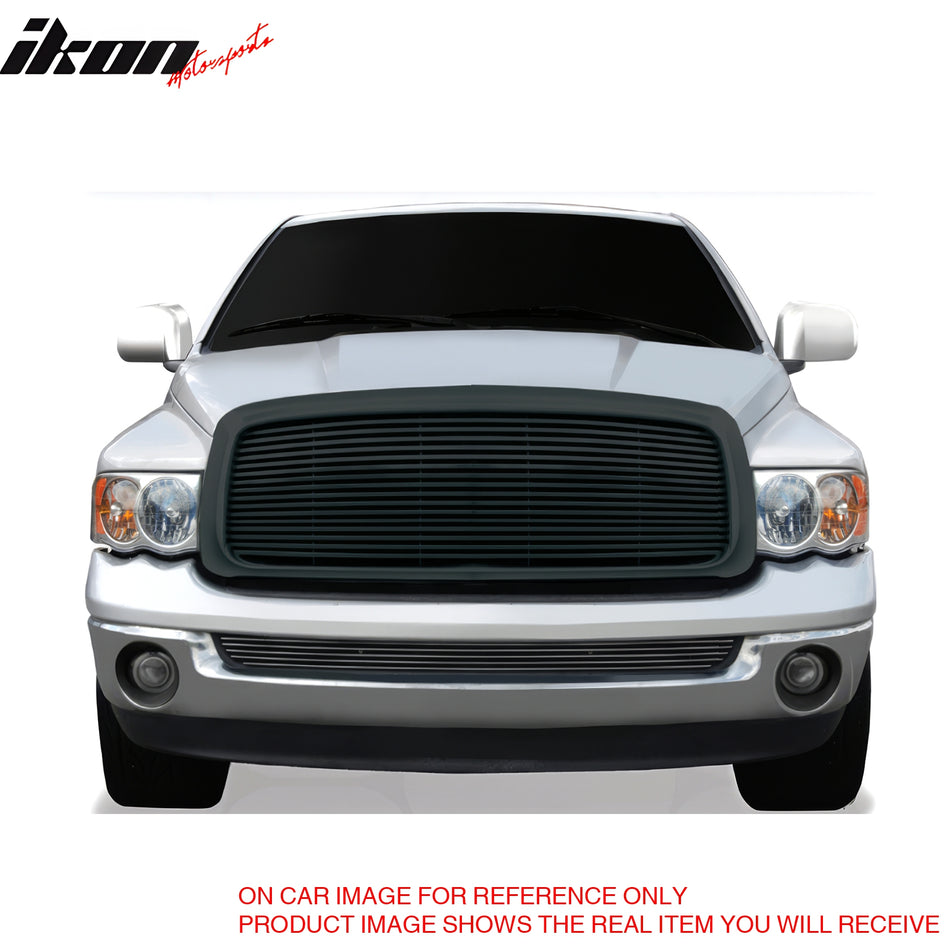 IKON MOTORSPORTS Front Upper Grille, Compatible with 2002-2005 Dodge Ram 1500/2500/3500, Horizontal Billet Style Chrome ABS Replacement Front Bumper Hood Grill 1PCS