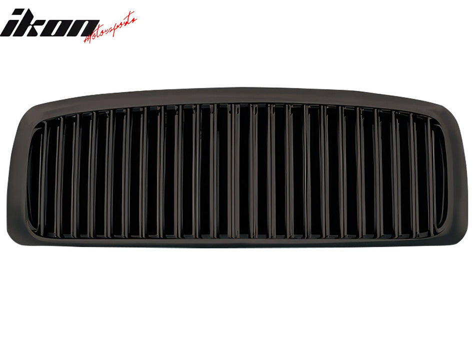 IKON MOTORSPORTS Front Upper Grille, Compatible with 2002-2005 Dodge Ram 1500/2500/3500, Vertical Style Black ABS Replacement Front Bumper Hood Grill 1PCS