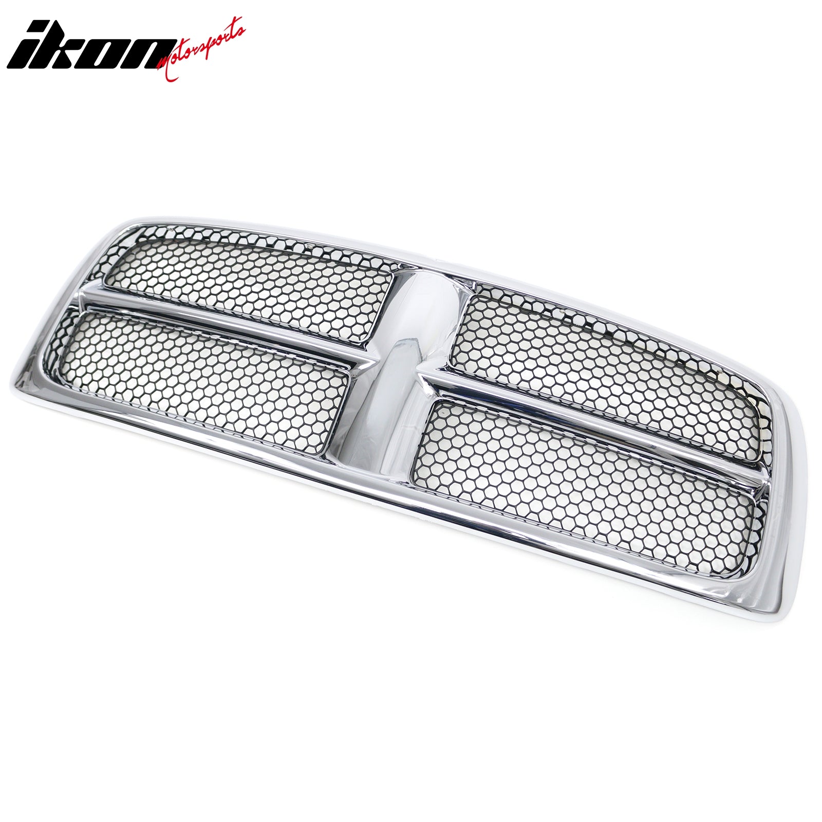 IKON MOTORSPORTS Front Upper Grille, Compatible with 2002-2005 Dodge Ram (Excludes 2002 Ram 2500/3500), OE Style Chrome Molding W/ Black Mesh Grid Body ABS Replacement Front Bumper Hood Grill 3PCS