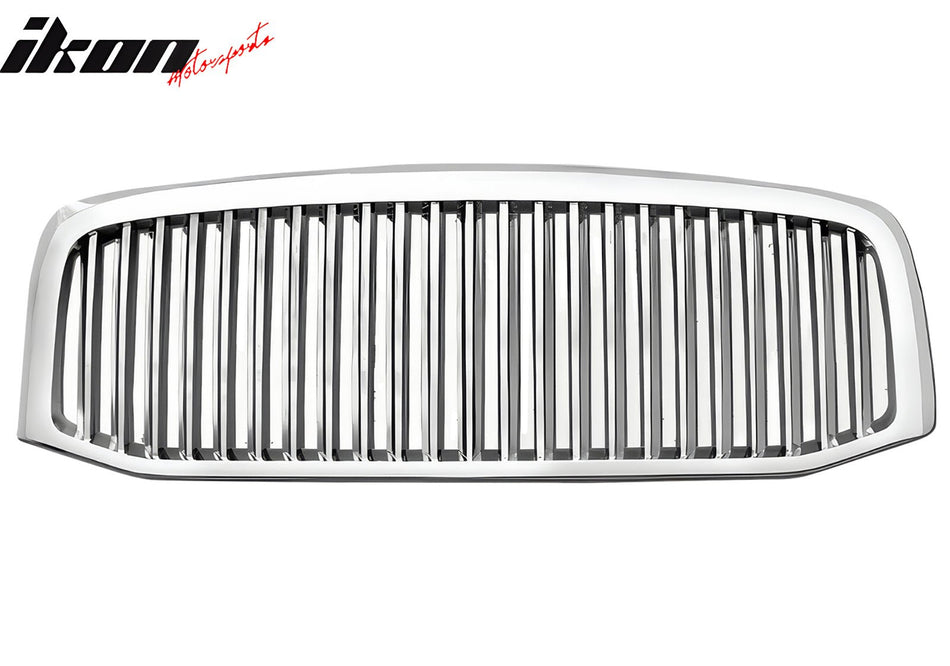 IKON MOTORSPORTS Front Upper Grille, Compatible with 2006-2008 Dodge Ram 1500/2500/3500, Vertical Style Chrome ABS Replacement Front Bumper Hood Grill 1PCS