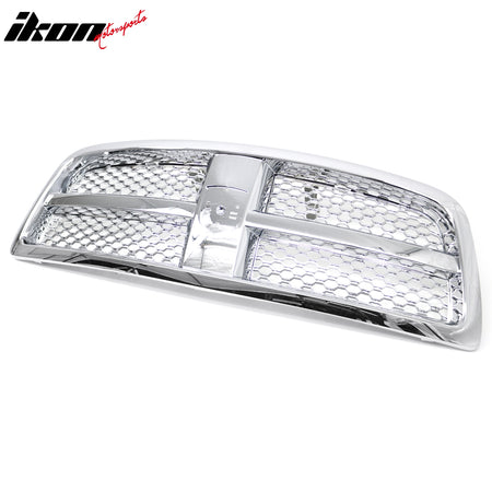IKON MOTORSPORTS Front Upper Grille, Compatible with 2009-2012 Dodge Ram (Excludes 2500/3500 Model), OE Style Chrome ABS Plastic Replacement Front Bumper Hood Grill 3PCS