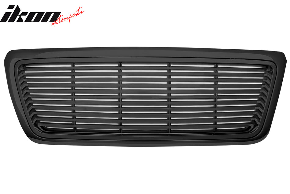 IKON MOTORSPORTS Front Upper Grille, Compatible with 2004-2008 Ford F-150, Horizontal Billet Style Black ABS Plastic Replacement Front Bumper Hood Grill 1PC