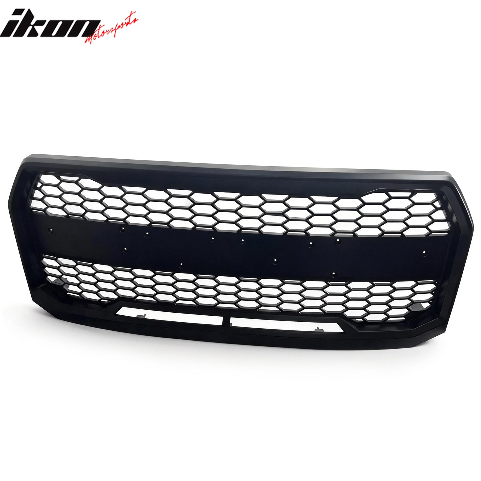 IKON MOTORSPORTS Front Upper Grille, Compatible with 2015-2017 Ford F-150 (No Camera), Black Raptor Style with Emblem Recess ABS Plastic Replacement Front Bumper Hood Honeycomb Grill