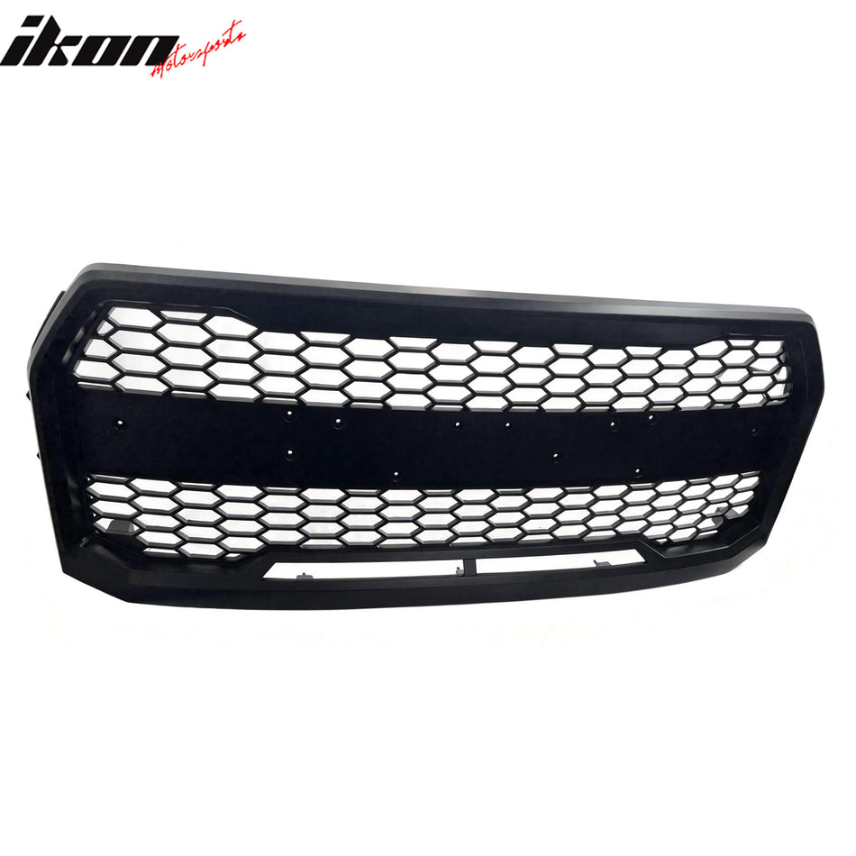 IKON MOTORSPORTS Front Upper Grille, Compatible with 2015-2017 Ford F-150 (No Camera), Black Raptor Style with Emblem Recess ABS Plastic Replacement Front Bumper Hood Honeycomb Grill