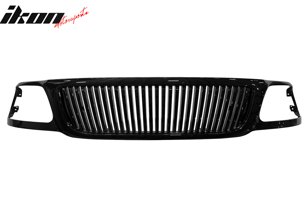 IKON MOTORSPORTS Front Upper Grille, Compatible with 1999-2003 Ford F-150, Vertical Style Black ABS Plastic Replacement Front Bumper Hood Grill