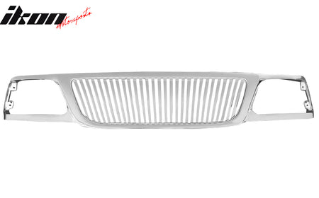 IKON MOTORSPORTS Front Upper Grille, Compatible with 1999-2003 Ford F-150, Vertical Style Chrome ABS Plastic Replacement Front Bumper Hood Grill 1PC