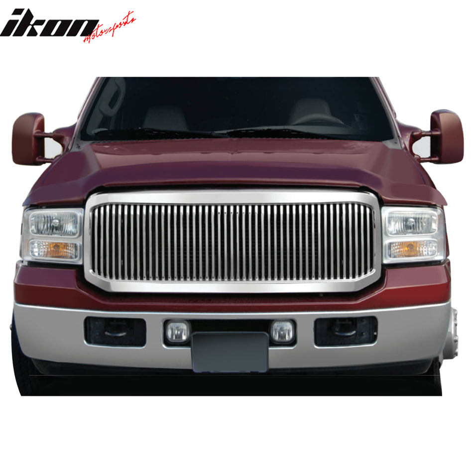 IKON MOTORSPORTS Front Upper Grille, Compatible with 2005-2007 Ford F-250 Super Duty, V-Line Style Chrome ABS Plastic Replacement Front Bumper Hood Grill 1PC