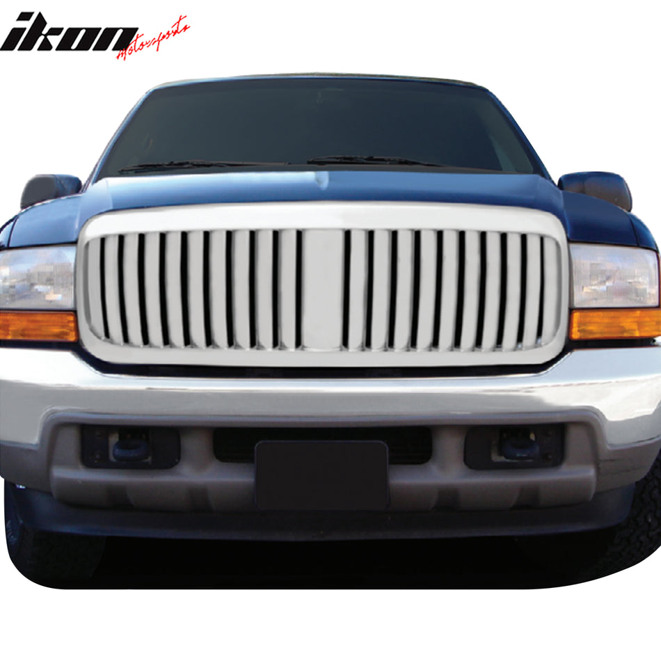 IKON MOTORSPORTS Front Upper Grille, Compatible with 1999-2004 Ford F-250 Super Duty, Vertical Style Chrome ABS Plastic Replacement Front Bumper Hood Grill 1PC